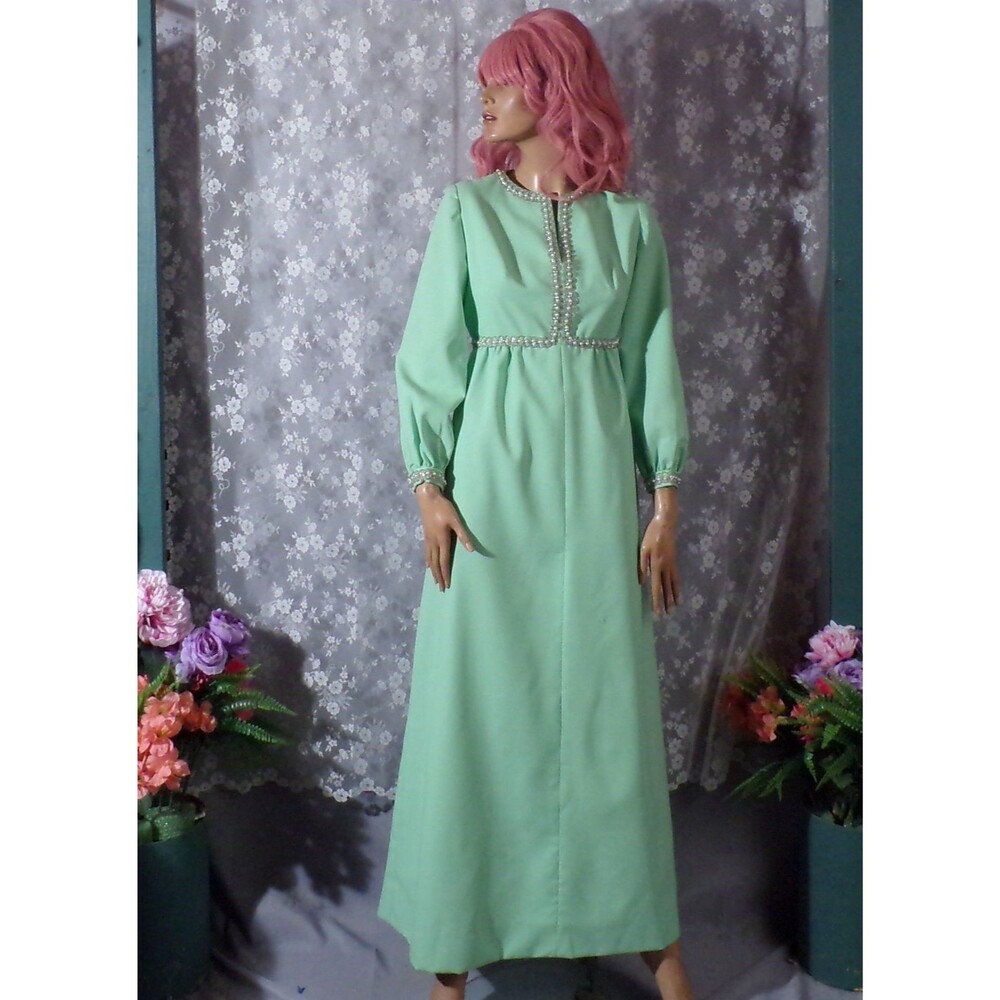 Vintage 60s Mint Green Maxi Dress Boho Hippie Mod Glam Evening Gown Size S